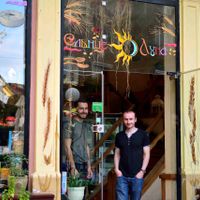 my 2 friends, at the entrance at Sunmoon - Septemvri in Sofia