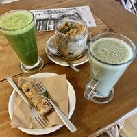 Green smoothies, vegan chia pudding, marzipan roll at Sunmoon - Septemvri in Sofia