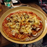 Wild mushroom pizza with vegan cheese and wholemeal base at Sunmoon - Septemvri in Sofia