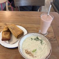 Banitsa with mushrooms & rice, vegan tapatop soup and smoothie.  at Sunmoon - Septemvri in Sofia