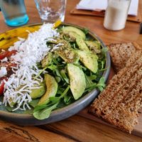 Avocado salad with vegan feta cheese at portal cafe in Uberlingen