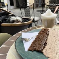 Tiramisu cake and chai lattee  at portal cafe in Uberlingen