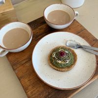 Matcha tart + masala tea with oat milk  at Namché Organics in Namche