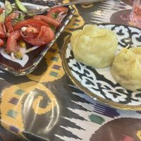 Pumpkin Manti & fresh salad   at Bibikhanum Teahouse in Samarkand
