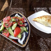 Fresh salad & potato somsa  at Bibikhanum Teahouse in Samarkand