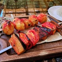 Potato skewer and vegetable skewer at Bibikhanum Teahouse in Samarkand