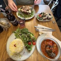 Eggplant and rice dish, falafel side, cauliflower dish     at Mihbaj Café & Kitchen in West London