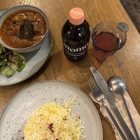 Moussaka (aubergine in a red tomato sauce) and Raspberry kombucha   at Mihbaj Café & Kitchen in West London