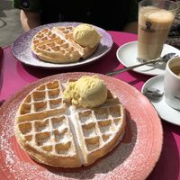 Vegan waffles with vanilla ice cream and powdered sugar, cappuccino and latte macchiato   at Wafele in Berlin