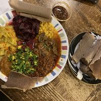 Full feast with injera  at Bunna Cafe in Brooklyn