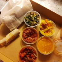 Takeaway meal (5 choices + injera) at Bunna Cafe in Brooklyn