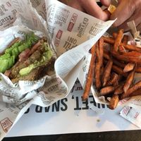 Veggie burger with avocado extra, order of sweet potato fries  at The Habit Burger Grill in Yuba City