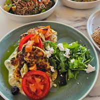 Roasted veg fritters at Greens & Grains Cafe in Beaconsfield