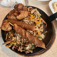 Part of the mixed grilled plate including vegan kebap and schawarma at Vegano Mezo in Berlin