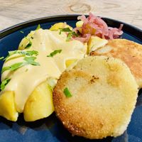 Kohlrabi schnitzel and cashew hollandaise covered potatoes   at Green Moustache in Gradil