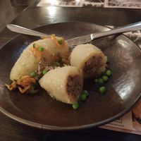 Vegan (fake meat) potato dumplings at Bernelių užeiga in Vilnius