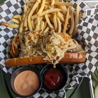 Salt and vinegar fries and veggie sausage with beer mustard and sauerkraut at Ferment Brewing Company in Hood River