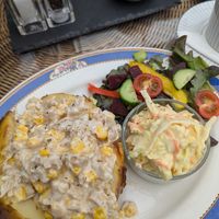 Jacket potato with salad, coleslaw and chicken mayo with sweetcorn. at The Vegan Coffi House in Aberdare
