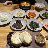 Tofu steak and vegan side dishes  at Sulgodang in Busan