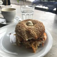 vegan bagel with tofu kimchi and mayonnaise  at Massolit Bakery & Cafe in Krakow