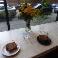 Banana bread on the high table at Massolit Bakery & Cafe in Krakow