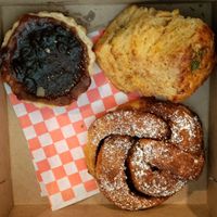 Butter tart, cheddar scone, cinnamon brioche bun at Bad Attitude Bread in Toronto