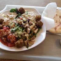 4x6 Combo with mushrooms, baba ganoush, green chile hummus, and roasted eggplant with tomatoes at Falafel King in Denver