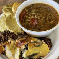 Moussaka, kitchari and potatoes   at Giri Kana Cafe in Southport