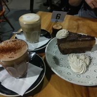 choc peanut butter cake, hot chocolate & latte. all vegan.  at Giri Kana Cafe in Southport
