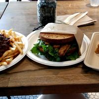 Chili cheese fries, club sandwich, and bunny love cake at Healthy Junk in Anaheim