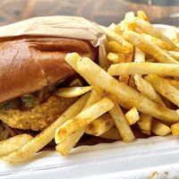 BBQ Western Burger w/ crispy seasoned fries #Veganuary at Healthy Junk in Anaheim