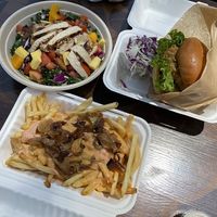 Mighty Kale, Crispy Chick Burger, and Loaded Bunny Fries at Healthy Junk in Anaheim