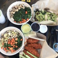 Husband was very excited by the bottom right spicy  “chick” things with ranch dip at Healthy Junk in Anaheim