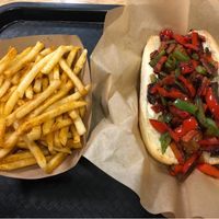 Fries and Bunny Brat with peppers and onions at Healthy Junk in Anaheim