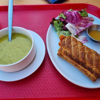 Pea and mint soup, spicy bean pastry at MacLeod Tables Cafe in Isle Of Skye