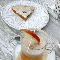 Vegan apple pie, caldo abbraccio (hot drink with apple juice, chamomile and cinnamon) at Nonno Andrea in Villorba
