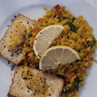 Tofu a la naranja con arroz con verduras at El Laurel in Salamanca