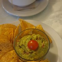 Nachos for me and pumpkin soup for him at El Laurel in Salamanca