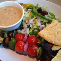 Veggie kabob platter with side salad, pita slices, white bean in rosemary.  at Zoës Kitchen in Annapolis