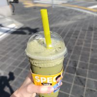 got the matcha latte with oat milk and tapioca at Cafe Bombom in Busan