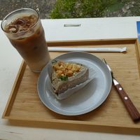 Earl Grey and chocolate cake, with a soy iced latte at Moonggoojeom Vegan Bakery in Busan