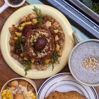 Vegan Chestnut Tiramisu, Corn Cream Pudding, Crookie, Black Sesame Latte at Moonggoojeom Vegan Bakery in Busan