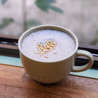 Vegan Black Sesame Soy Latte at Moonggoojeom Vegan Bakery in Busan