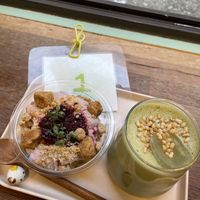Cheesecake and match latte  at Moonggoojeom Vegan Bakery in Busan
