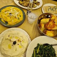 fava (yellow split peas puree), Skordalia (garlic sause), seasonal greens and roasted mushrooms at Lepi in Volos