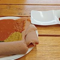 The vegan plate and clay pot coffee. at Eat Enjera  in Melbourne