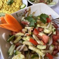 Hummus, eggplant paste and salad with cucumber, tomatoes and onion  at Rumist in Istanbul