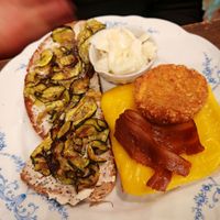 Potato rosties, runny cheese, lard de la vie
Generous slices of bread with pinched seasonal vegetables at Les Preuves Du Contraire in Bordeaux