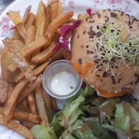 chicken free burger with fries, salad and vegan mayonnaise at Les Preuves Du Contraire in Bordeaux