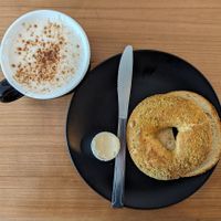 ginger spiced chai and parm bagel with Earth Balance at Jet Black Coffee Company - Concordia in Portland